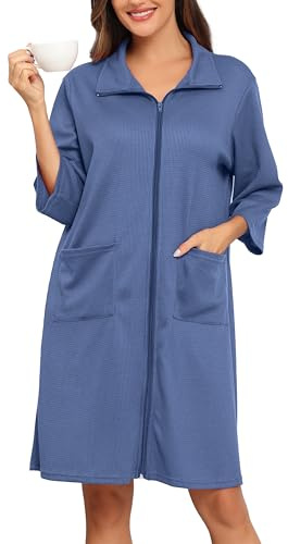 Lovasy Kimono Corto da Donna con Cerniera Accappatoi in Maglia Waffle Vestaglia kimono Morbido e Leggero al Ginocchio Accappatoio con tasche A Blu L