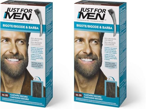 Just for men Tinte Para Bigote Y Barba, Elimina Las Canas Para Una Apariencia Más Espesa Y Completa, Con Pincel Aplicador Incluido, Color Castaño Oscuro, M35 (Paquete de 2)