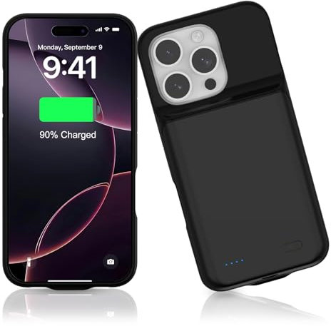 HUOBAO Akkuhülle für iPhone 16 Pro (6,3), 7000mAh Powerbank Hülle ultradünn 15 W, Schnell Tragbares Ladegerät Battery Case, 360°-Schutz, Erweiterter Akku Ladehülle für iPhone 16 Pro, Schwarz
