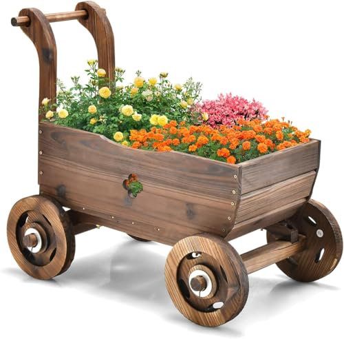 FANTASK Carro de Flores de Madera con Ruedas y asa, Carro de Plantas con Orificio de Drenaje, Carretilla rústica para jardín, terraza, Maceta, Carretilla, decoración de jardín, Jardinera