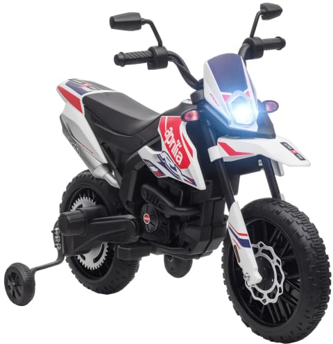 AIYAPLAY Elektrisk motorcykel för barn, 12 V, med musik, 6 km/h, utbytbara drivhjul, plastdäck 30 cm, för barn från 3 till 8 år, 30 kg, vit