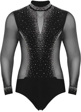 iEFiEL Herren Glitzer Latein Hemd Tango Rumba Hemd Bodysuit Jumpsuit mit Knöpfen Im Schritt Turnier Shirt Trikot Tanz Kostüm Schwarz M