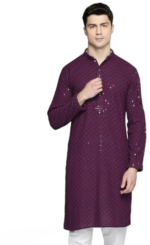 Indian Chikankari Embroidered Sequined Cotton Men's Kurta No Pants (Purple, L)