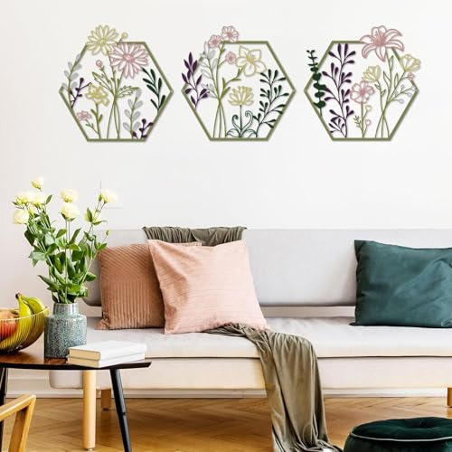 ESTART 3 st metallblommor väggdekor, minimalistisk blommig vägghängande konst, abstrakt linje blommig väggkonst skulptur för sovrum badrum vardagsrum kök matsal (flerfärgad)