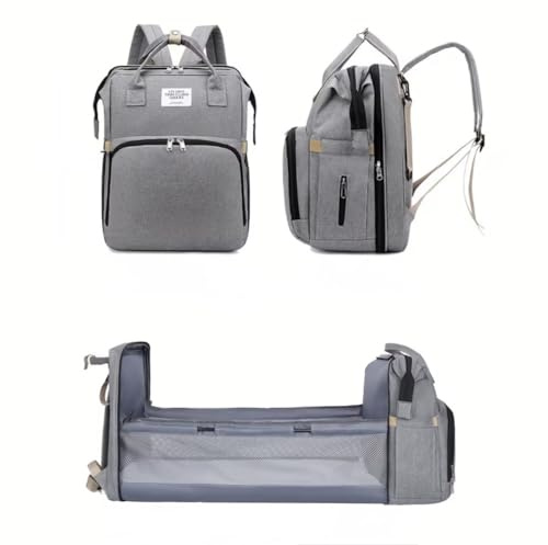 Mochila Pañalera Multifuncional con Cuna Plegable, Gris, Organizador para Biberones, Cambiador Portátil