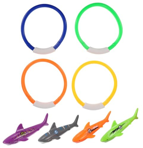 WOONEKY Giocattoli per Piscina per 8 Pezzi Anelli da Immersione in Piscina Giocattoli Subacquei a Forma di Squalo Colorati per Giochi Estivi e Addestramento al Nuoto