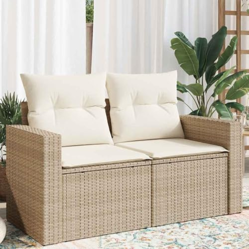 zylophax Trädgårdssoffa, 2-sitsig beige med kudde av slitstark poly-rotting, utomhussoffa för balkong, loungesoffa utomhus, balkong, soffa, pallsoffa, balkong, loungemöbler