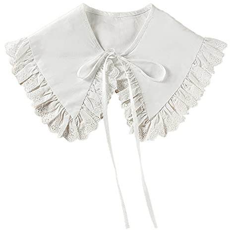 Generico Scialle in cotone con colletto finto con pizzo floreale e finiture arricciate, risvolto a punta per camicette(Lace01)