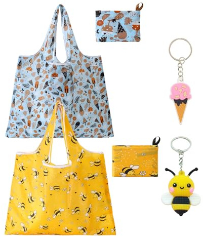 JOVYTH 4 Pezzi Borsa Spesa Pieghevole, 58x66cm Riutilizzabile, Shopping Bag Impermeabile con Portachiavi, per Alimentari e Viaggi