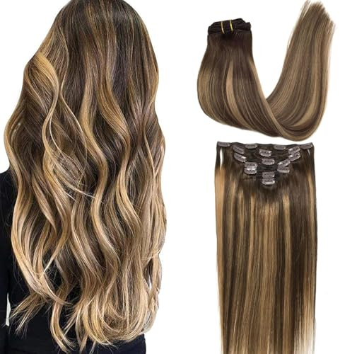 GOO GOO Clip in Human Hair Extensions, Hair Extensions Clip in, 24inch 120g 7pcs, 4/27/4 Chocolate Brown to Caramel Blonde