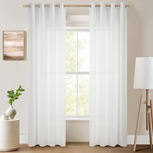 Topfinel Rideaux 140x240 cm Voile en Lin Grain Fin Décoratif Salon Rideau Voilage Chambre pour Fenêtre Semi- Opaque à Oeillets Decor Cuisine,2 Panneaux Blanc