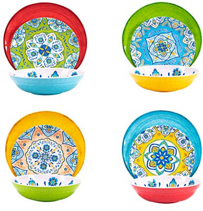 Service de vaisselle en mélamine - 12 pièces - Assiettes et bols - Multicolore