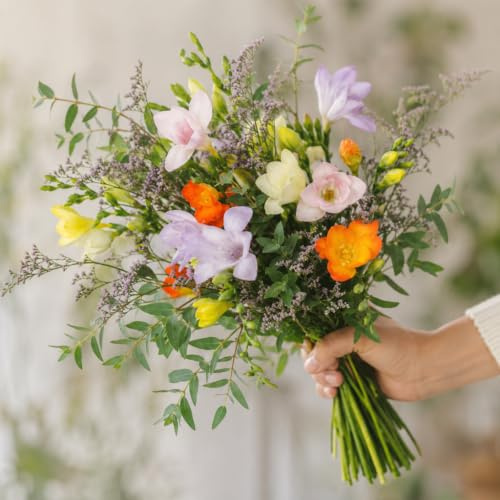 Happy Birthday Blumenstrauß mit 10 bunten Freesien und Statice