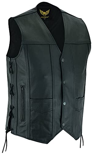 Leatherick Herren Top-Grain Rindsleder Weste aus echtem Leder Schwarz Klassische Weste mit seitlichen Schnürsenkeln und verdeckten Tragetaschen - Schwarz - L