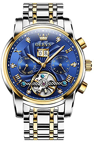 OLEVS Automatische Herrenuhr, Tourbillon, selbstaufziehend, Mechanik, Luxus, Business, Edelstahl, leuchtend, wasserdicht, Zweifarbiges Armband und blaues Zifferblatt, Klassisch