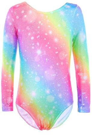 XiaoMoSha Gymnastics Leotards for Girls Long Sleeve Dance Leotard Sparkle Ballet Dancewear for Little Girls,Rainbow,7-8 Years