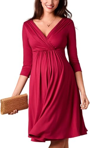 SISAY Robe de Soirée Maternité Col V Manche 3/4 Vintage Swing Robe Portefeuille Femme Cache Coeur Grande Taille Chic et Elegant Robe Courte Evasee Tunique Enceinte Vetement Grossesse et Allaitement