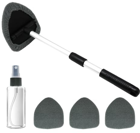 Pacaba Windscreen Cleaner Inside, Car Windscreen Cleaner Tool with 4 Microfibre Pads and 1 Spray Bottle, Windscreen Cleaner with Extendable Handle, 180 Degree Rotatable, Grey