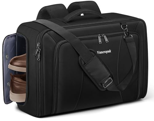 Vancropak Convertible Carry on Garment Bag with Backpack Straps, Airline Approved Travel Garment Duffel Bag with Shoe Compartment, Wrinkle Free Suit Carrier Business Suitcase For 15.6 Laptop, Black