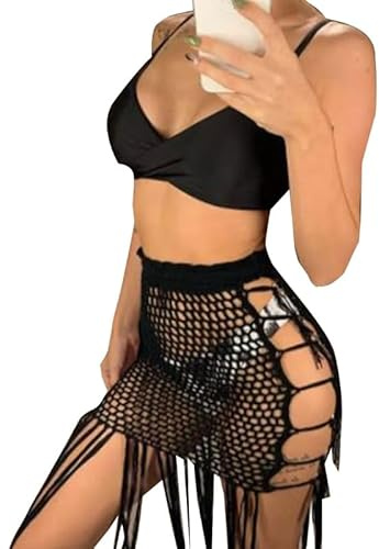 THINCAN Robe de plage pour femme - Jupe maxi taille haute sexy transparente - En tricot au crochet - Long pompon à franges - Bas de bikini transparent - Housse - Mode de plage d'été, Noir , S-L