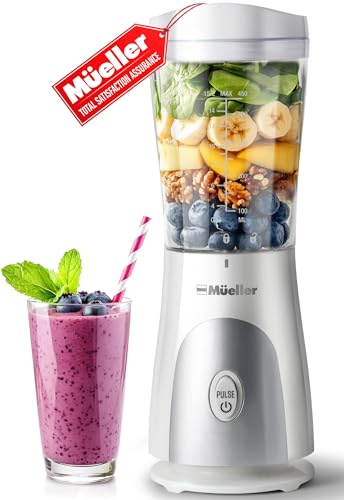 Mueller Heavy-Duty Personal Blender for Shakes and Smoothies with a 15 Oz Travel Cup and Lid, Juices, Baby Food, Portable Blender & Food Processor, White