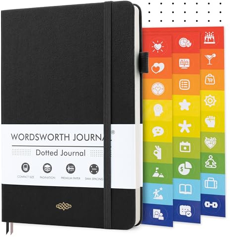 Wordsworth & Black A5 Bullet Dotted Journal, 216 páginas punteadas, tapa dura de cuero con rejilla, papel de 120 GSM, cuaderno para trabajo y bocetos – Caja de regalo incluida, Negro