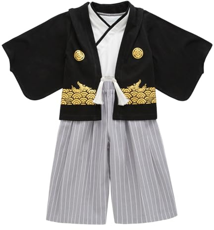 Generisch Costume de baptême 98 - Vêtements traditionnels - Kimono traditionnel - Tenues pour garçon - Tissu noir - Costume de jogging pour garçon (blanc, 7-8 ans)