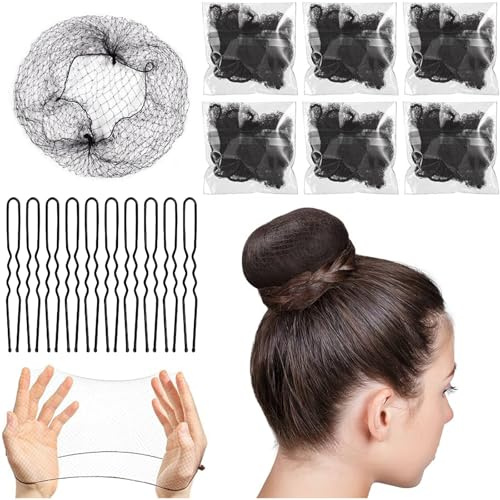 ASIRYVA 24Pcs Hair Nets for Buns, 50cm/20inch Invisible Hair Bun Nets with 10 Pcs U-Shaped Pins for Women, Girls, Ballet Dancer, Nurse(Black)