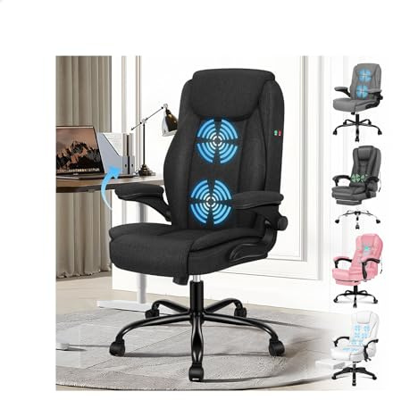 ELFORDSON Massage Home Office Chair, Mid-back Executive Work Chairs with 90° Flip-up Armrests, Adjustable Height, Swivel, Ergonomic Heavy-duty Desk Work Chair, PU Leather, Grey