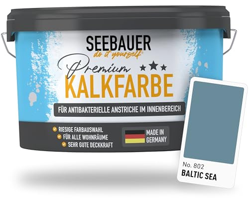 SEEBAUER diy Kalkfarbe Blau für Innen 2,5L (No. 802 Baltic Sea) - Antibakterielle Innenfarbe für Putz, Beton & Mauerwerk - Atmungsaktive Mineralfarbe