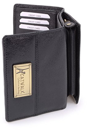 Catwalk Collection Handbags - Leder Geldbörse Damen Mittelgroß - Geldbeutel mit Münzfach und 7 Kartenfächer - RFID Schutz - Victoria - Schwarz