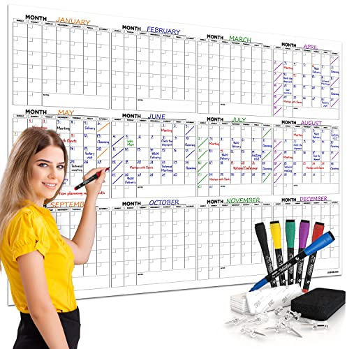Calendario grande de pizarra blanca de 36 x 48 pulgadas para pared, planificador de 12 meses, calendario de pared grande de borrado en seco, incluye 6 marcadores, borradores y cinta de montaje