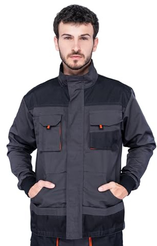 Veste de travail homme, Blouson de travail, Multi Poches, Grande Taille S - XXXL, Manteau de travail, Bleu/Noir/Rouge, Haute qualité Vetement (S, Noir/Orange)