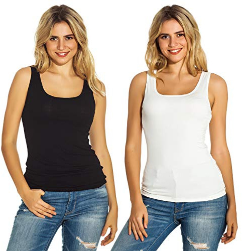 Mcilia débardeur sans Manches,côtelé, Doux,Extensible, pour Femmes en Paquet de 2 Noir/Blanc Crème Taille M (EU 38 40)