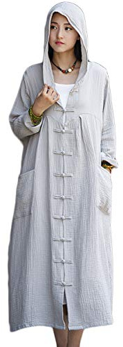 LUZU JUNU Women's Trench Coat Cotton Linen Hoodie Jacket Long Sleeve Chinese Frog Button Outwear with Pocket(US,Alpha,One Size,Regular,Regular,Grey)