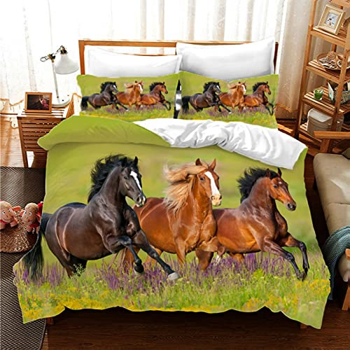Juego de ropa de cama de 3 piezas, funda nórdica con estampado 3D, animales, diseño de caballo, microfibra, con funda de almohada, para adolescentes, niños, niñas (B,135 x 200 cm)
