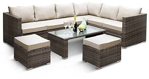 KEPLIN Rattan Garden Furniture Set - 8 Seater (Brown), L Shape Corner Outdoor Furniture with Coffe Table, Garden Sofa Set with Water Resistant Cushions & Stools, Ideal for Patio, Lawn & Conservatory