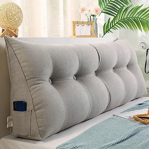 NENIUX Cojín de respaldo para cama, almohada de lectura doble, almohada grande tatami, cojín triangular para cabecero de cama, para dormitorio, sofá con funda lavable, 150 x 50 x 20 cm, gris
