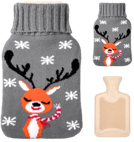 Bouillotte 800ML Bouteille Caoutchouc avec Housse Tricotée Motif de Cerf et Flocon de Neige pour Réchauffer Mains, Pieds, Soulager les Douleurs du Cou et des Épaules (Gris)