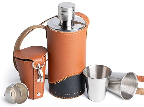 Tycoonest Fiaschetta vintage da uomo in pelle PU da 500 ml in acciaio inox con imbuto e tazze retrò a tenuta stagna fiaschetta per campeggio, golf, escursionismo