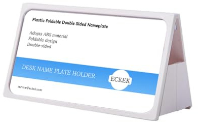 ECKEK Support de plaque nominative de bureau en plastique pour affichage de table, plaque nominative pliable double face (blanc, 200 x 100 mm)