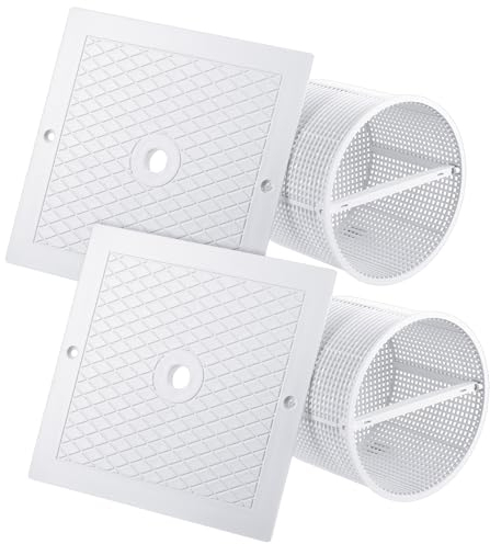 2 Stück 25,4 cm Korbmontage Ersatz Pool Skimmer Korb Pool Filterkorb und 2 Stück quadratische Skimmer-Deckel Skimmer Abdeckung kompatibel mit SP1O82, SP1083, SP1084, SP1085 und SP1086 (weißer Korb)