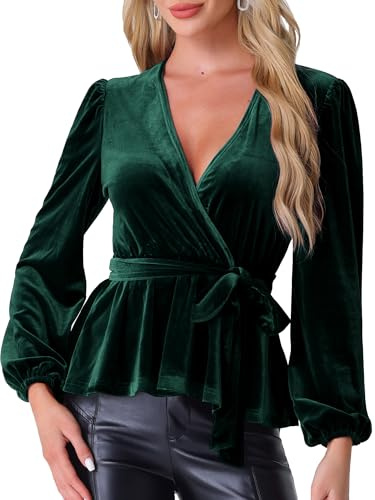 Allegra K Donna Camicette di Velluto Avvolgente Cravatta in Vita Manica Lunga Elegante Camicetta Peplo con Scollo a V Top Shirt Verde Scuro L