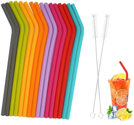 16 Pezzi Silicone Cannucce Riutilizzabili con 2 Spazzola Per Cannuccia, Morbido Cannuccia Riutilizzabile, Riutilizzabile Ricurve Cannucce Bambini, Senza Bpa, Tagliabile per Frullati, Cocktail