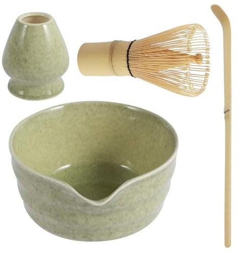 4Pcs Matcha Whisk Set, Japanese Matcha Tea Set,Ceramic Matcha Bowl Matcha Whisk Holder Bamboo Matcha Whisks and Bamboo Scoop Handmade Matcha Kit for Traditional Japanese Tea (A)