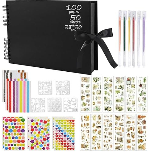 XWCHASA Photo Album Scrapbook with 100 Pages - 28 x 20 CM DIY Black Scrapbook Kit with 200 Pcs Scrapbook Accessories, 6 Metallic Pens Memory Books for Guest Book Baby Anniversary Wedding Albums