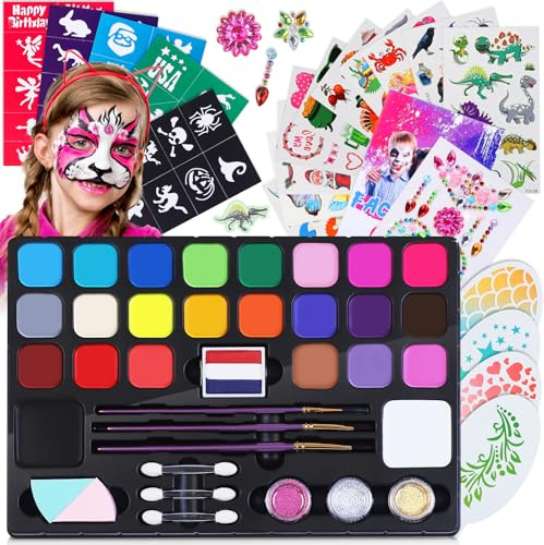 pupuluck Face Painting Kit for Kids, 24 Colors Water Activated Face Paints | with templates and brushes, sensitive skin, safe, washable professional body paint for Halloween, Christmas party makeup