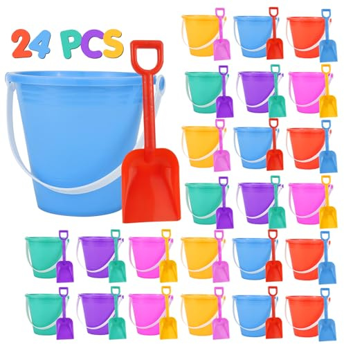 Holady 5'' Inch Sand Beach Buckets Pail with Shovels,Water Bucket for Beach Fun Great Summer Party Accessory(24 Bucket+24 Shovels)