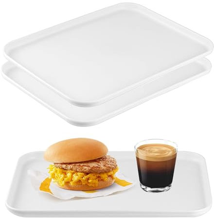 FENGQQKJ - Lot de 2 plateaux de service rectangulaires en plastique blanc antidérapants - Plateau de cuisine, plateau de petit-déjeuner, plateau à café - 31 x 22 x 1,5 cm