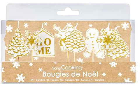 ScrapCooking - 8 Bougies de Noël Dorées - Sapins, Flocons, Pomme de Pain, Maison, Gingerman - Décoration Bûche & Cupcakes - Anniversaire Noël - Bois & Paraffine - Blanc & Or - 5062